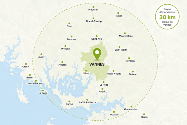 Carte de la zone d'intervention de Portail + dans le Morbihan, 30km autour de Vannes